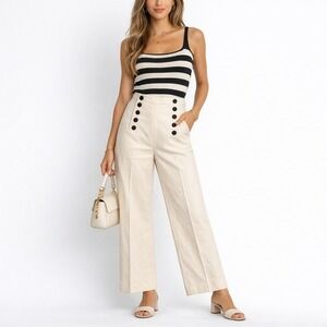 Tara Jarmon Paris Ivory Sailor Pants NWT High Rise Wide Leg Euro 36, US 2-4